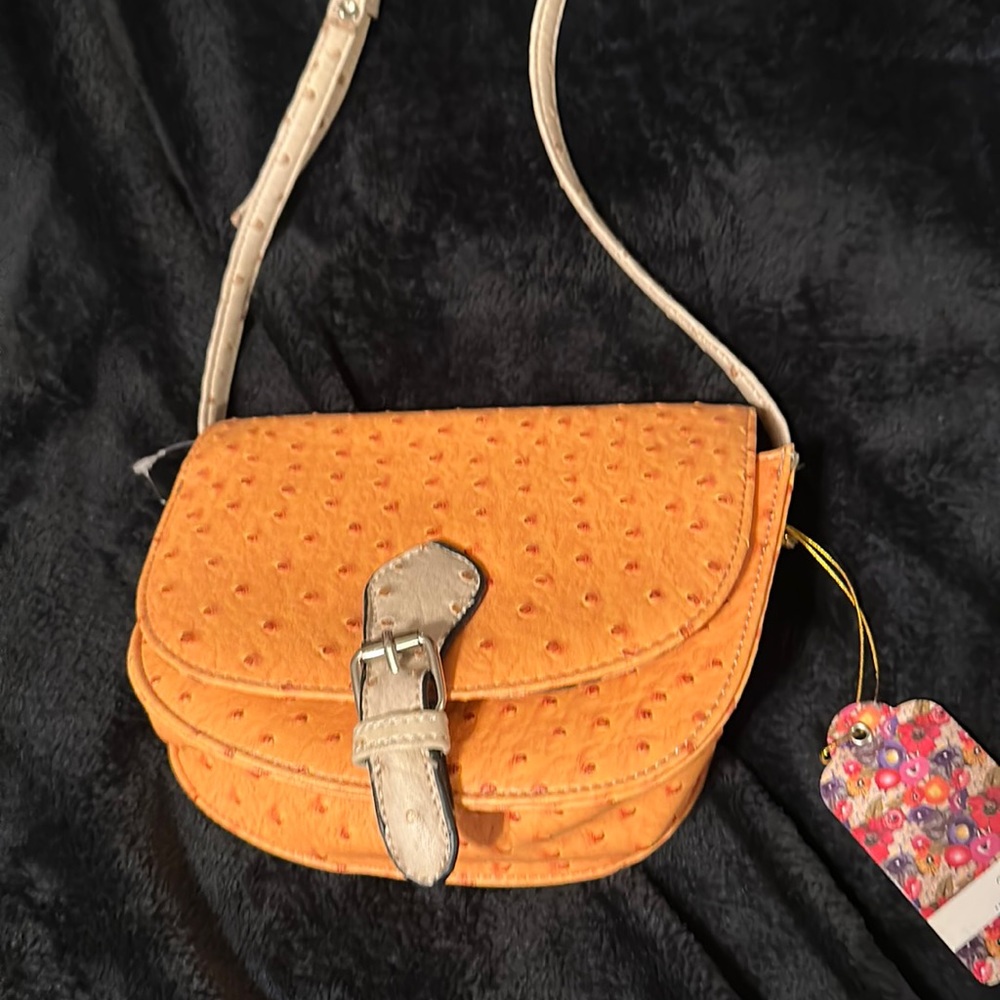 Orange crossbody with ostrich pattern